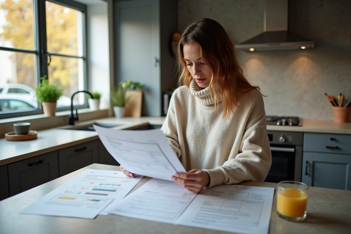 Jeune femme lisant documents d énergie dans la cuisine