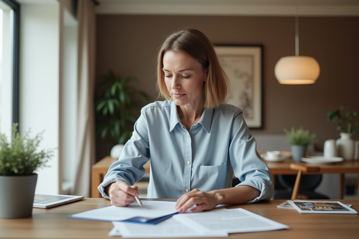 Femme d'âge moyen examine des documents immobiliers à une table
