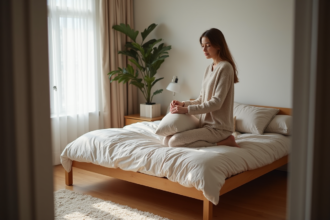 Femme en loungewear arrangeant des coussins dans une chambre chaleureuse