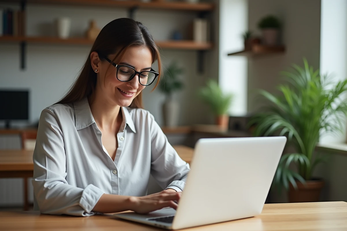 Femme souriante utilisant un ordinateur pour gérer une location immobilière