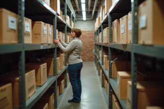 Femme organisée dans un sous-sol avec étagères et boîtes en bois
