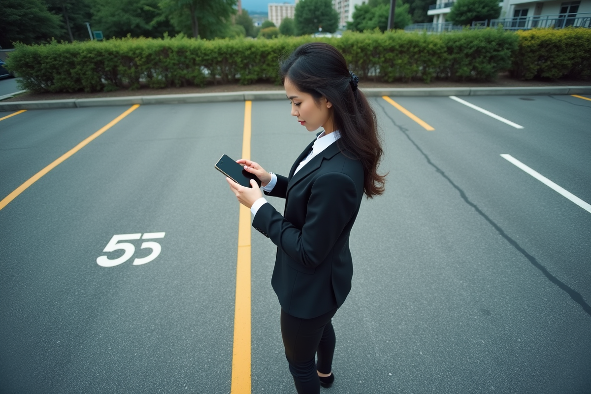 Jeune femme en costume vérifiant son smartphone dans un parking extérieur