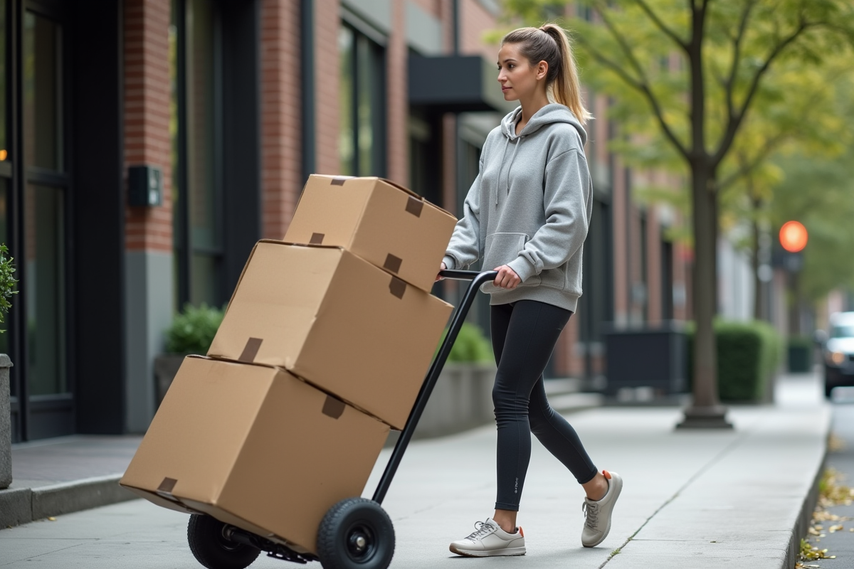 Femme poussant un chariot avec des cartons dans la rue urbaine