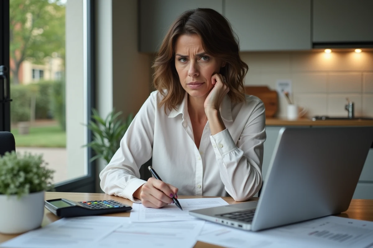 Femme d'affaires examine des documents de prêt immobilier à la maison
