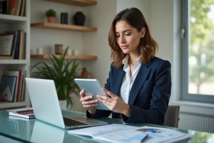 Femme professionnelle utilisant une tablette pour estimer un bien immobilier