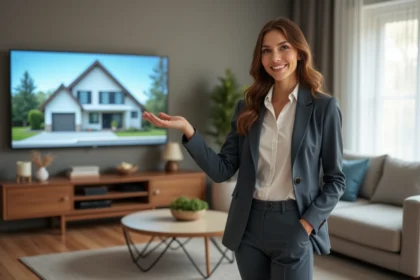 Jeune femme professionnelle en living moderne pour visite virtuelle