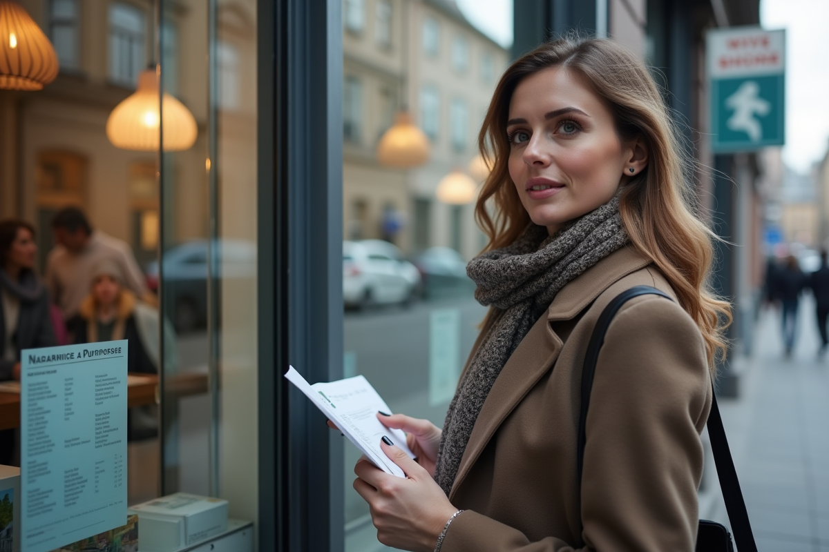 Femme regardant des annonces immobilières devant une agence