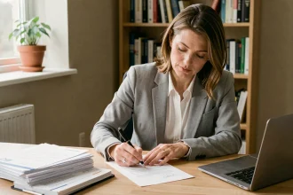 Femme rédigeant une lettre de préavis de logement à son bureau à domicile après une fin de contrat de travail