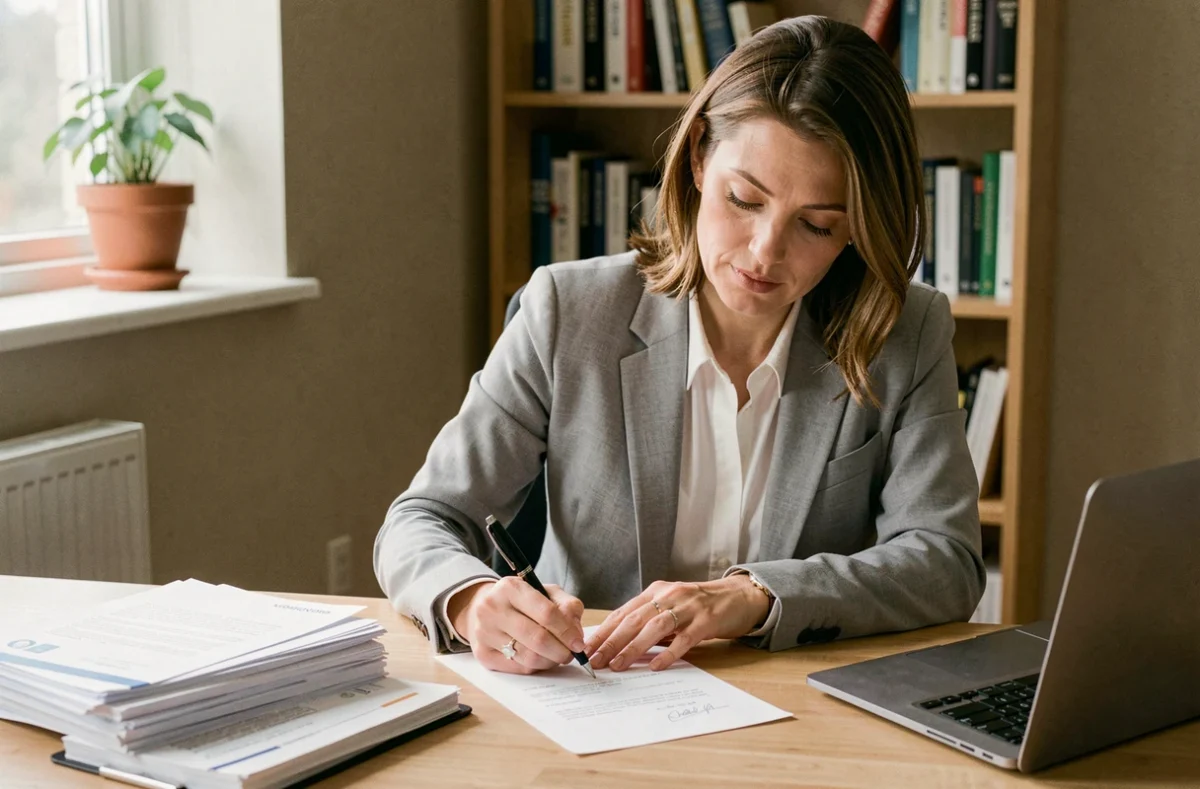 Femme rédigeant une lettre de préavis de logement à son bureau à domicile après une fin de contrat de travail