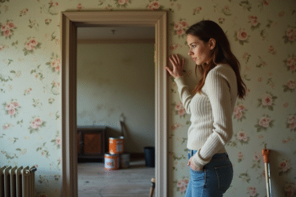Jeune femme contemplant un vieux mur dans un salon ancien