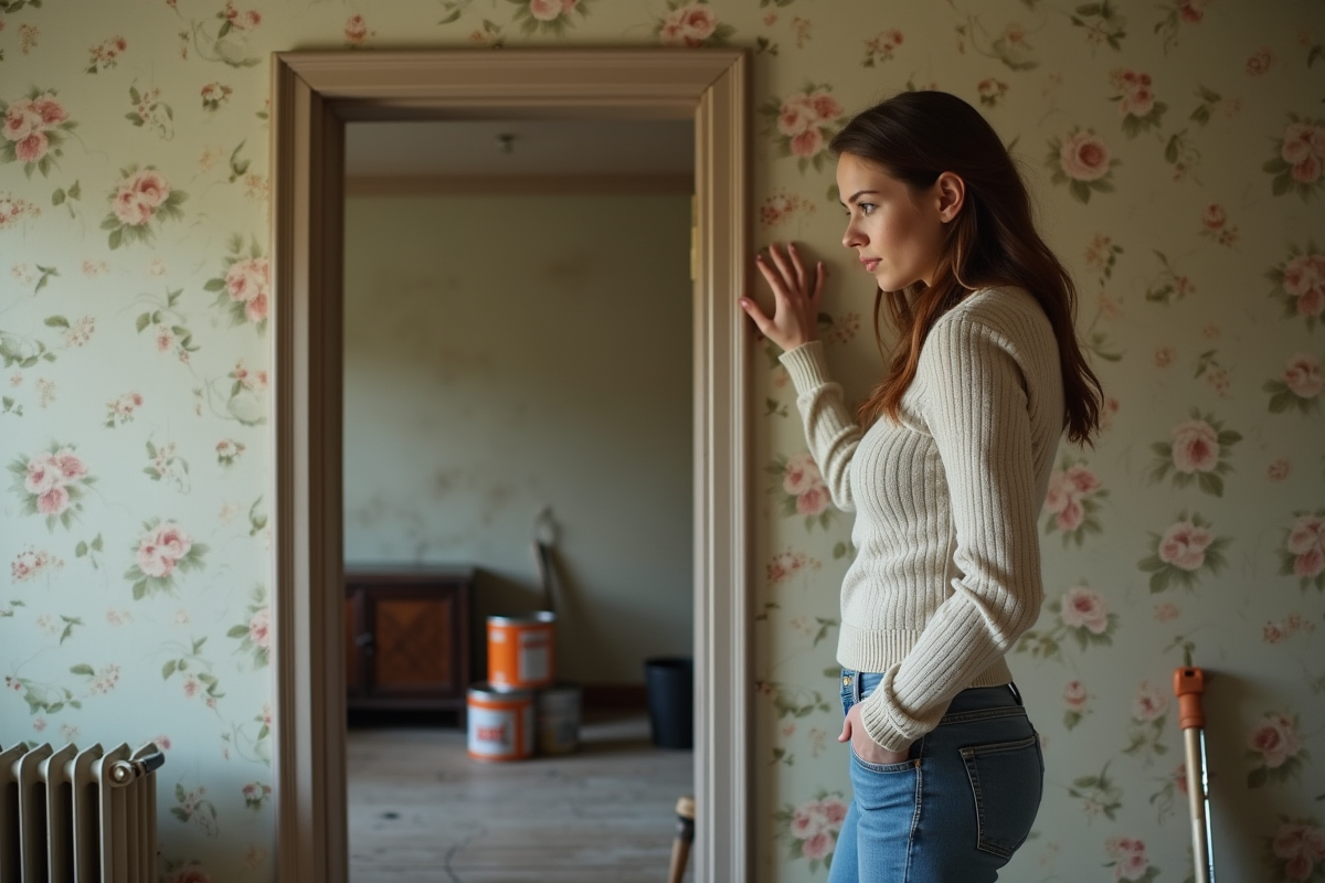 Jeune femme contemplant un vieux mur dans un salon ancien