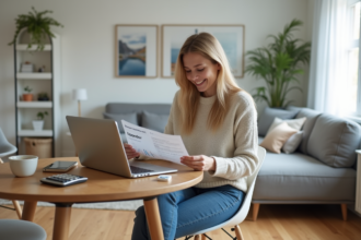 Femme souriante vérifiant une réservation Airbnb à la maison