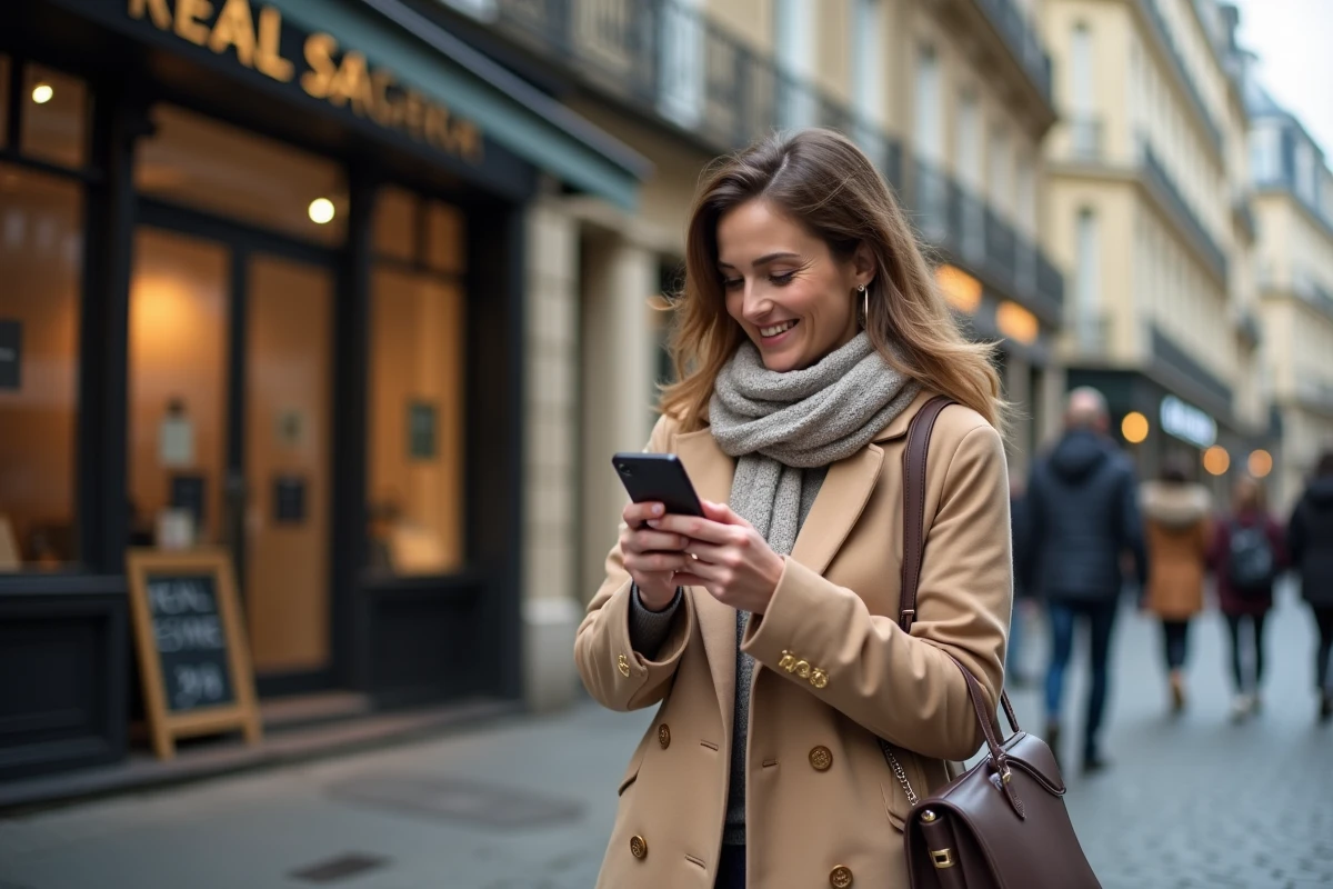 Femme souriante vérifiant son smartphone devant une agence immobiliere