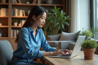 Jeune femme concentrée entrant son ALIN sur son ordinateur à la maison