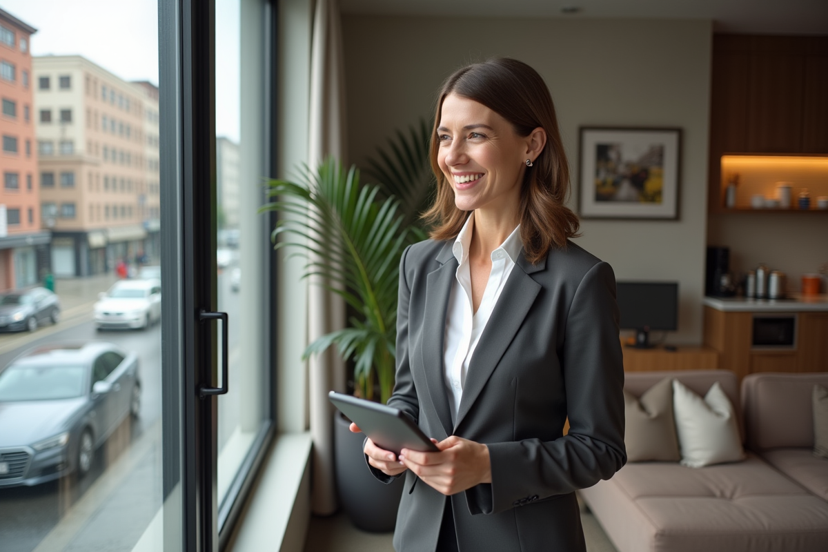 Femme souriante regardant par la fenêtre avec une tablette dans un intérieur lumineux