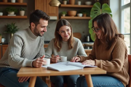 Quatre personnes autour d'une table à chercher un logement