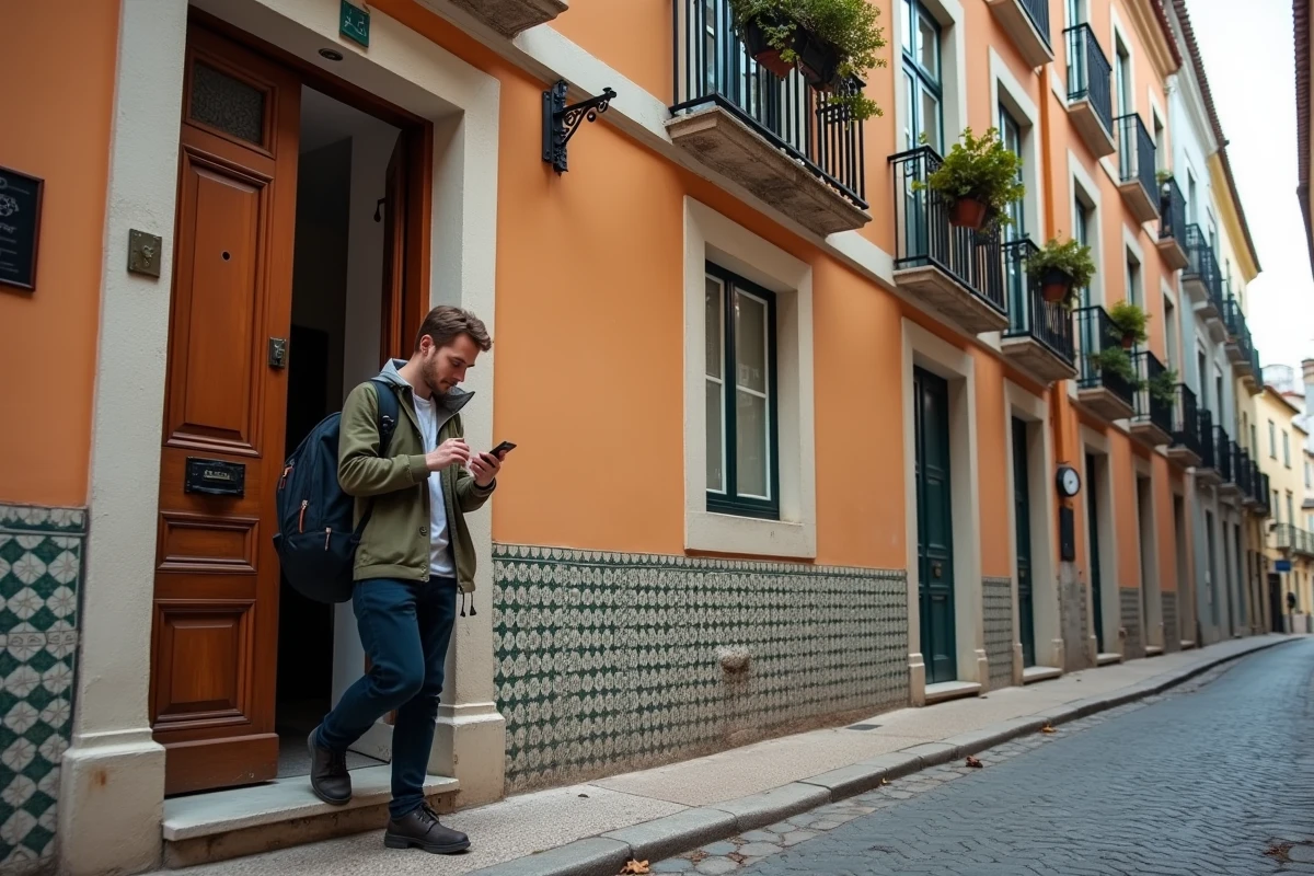 Voyageur devant une guesthouse Airbnb typique dans le quartier de l'Alfama à Lisbonne avec façade carrelée et balcons en fer forgé