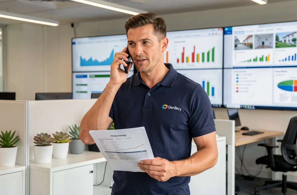 Conseiller Hellio dans un bureau moderne analysant des données de rénovation énergétique sur des écrans