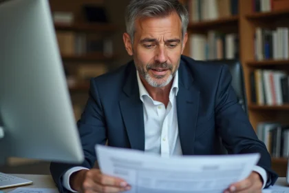 Homme d'affaires confiant examinant des documents dans un bureau moderne