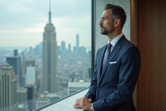 Homme d'affaires confiant regardant la ville depuis une fenêtre