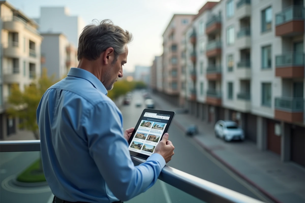 Homme regardant des annonces immobilières sur une tablette en ville