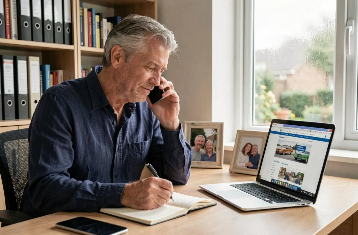 Homme au téléphone comparant des offres d'assurance habitation depuis son bureau à domicile