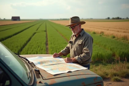 Homme d'âge moyen consulte une carte dans un champ agricole