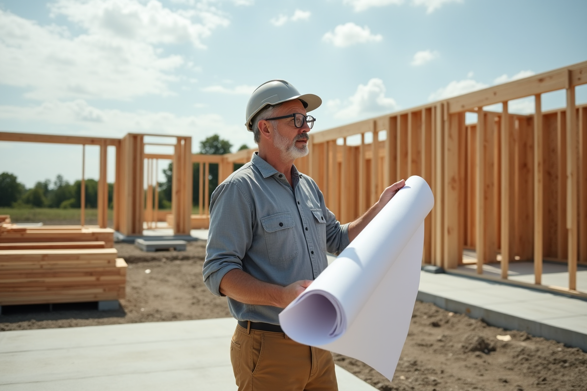 Ouvrier étudiant des plans sur un chantier moderne