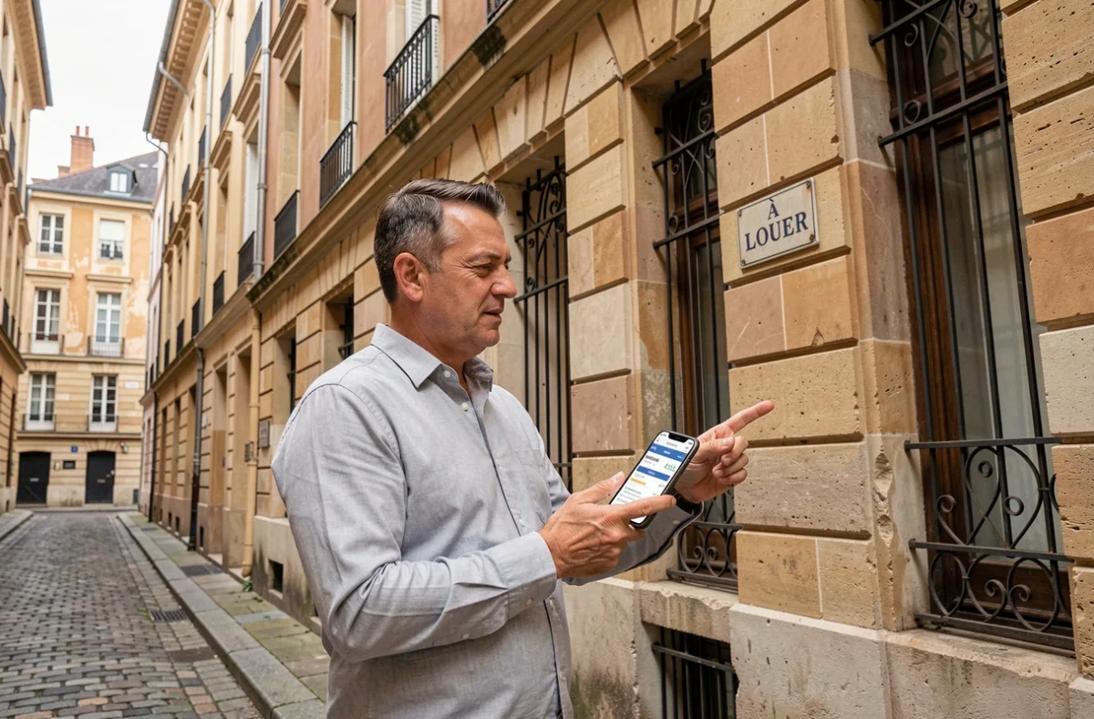 Homme comparant les prix des loyers à Lyon devant un immeuble du quartier Croix-Rousse