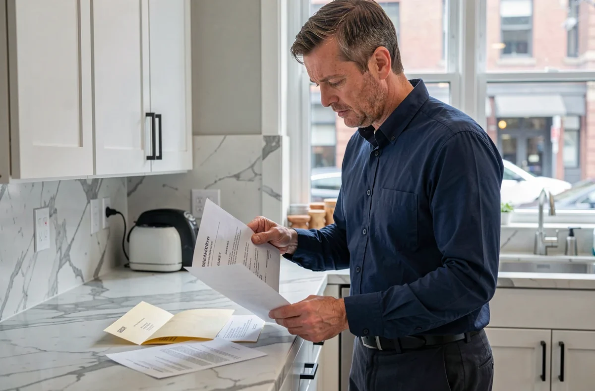 Homme consultant sa lettre de préavis de location après une rupture conventionnelle ou fin de CDD dans une cuisine moderne