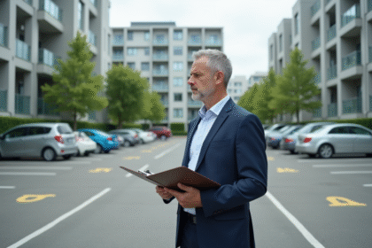 Homme d'affaires vérifiant un parking urbain organisé