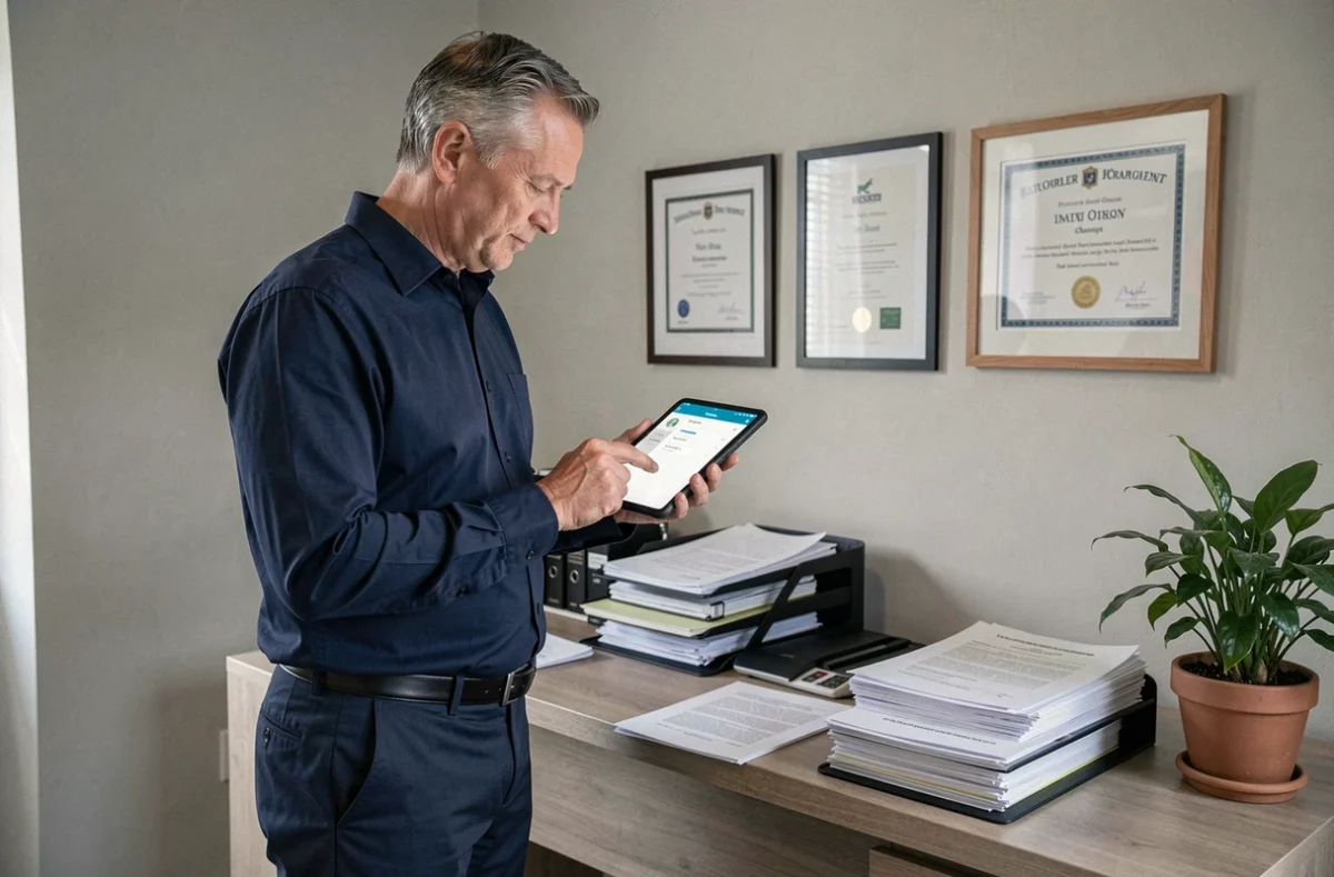 Homme copropriétaire consultant les charges de copropriété sur une tablette dans un bureau à domicile organisé