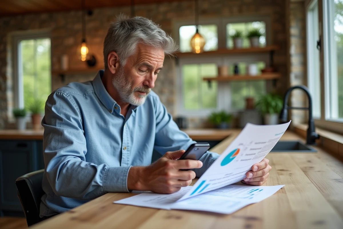 Homme comparant des estimations immobilières dans une cuisine ouverte