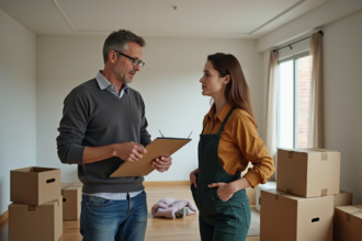 Homme discutant avec un déménageur dans un appartement moderne