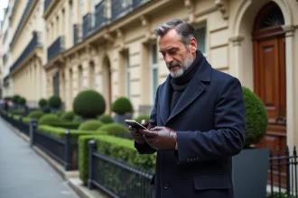Homme élégant en manteau de laine dans un arrondissement haussmannien chic de Paris