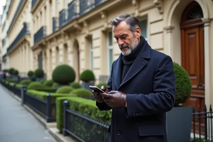 Homme élégant en manteau de laine dans un arrondissement haussmannien chic de Paris