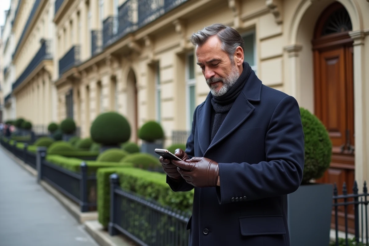 Homme élégant en manteau de laine dans un arrondissement haussmannien chic de Paris