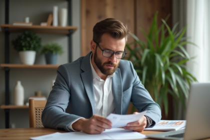 Homme d'affaires dans un appartement moderne en train d'étudier des documents financiers
