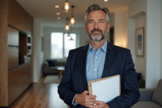 Homme d'âge moyen en blazer navy tenant un dossier immobilier