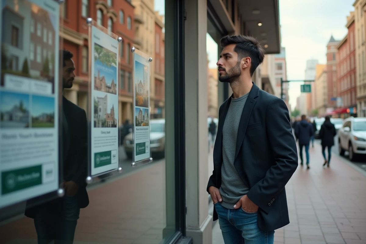 Jeune homme regardant des annonces immobilières en ville