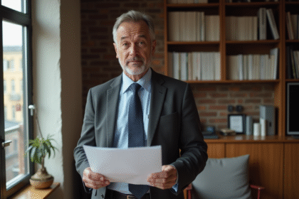 Homme d'âge moyen tenant un document dans son salon