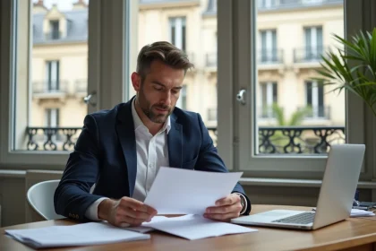 Homme d'affaires lisant des documents dans un appartement parisien