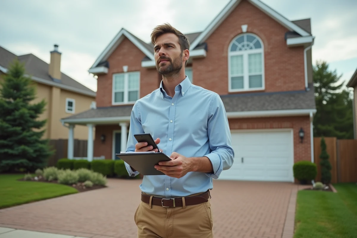 Jeune homme devant une maison en vente dans un quartier résidentiel