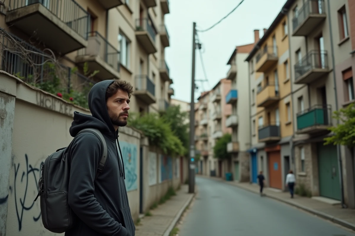 Homme explorant un carrefour de quartier à Alès avec des immeubles anciens et une rue étroite en arrière-plan