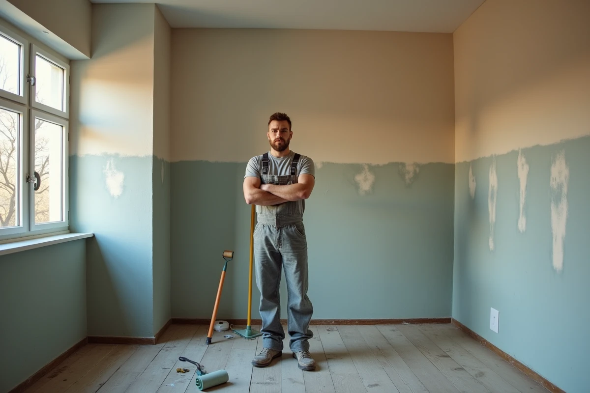 Jeune homme en overalls dans une chambre en cours de peinture