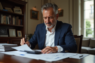 Homme d'âge moyen en blazer bleu dans un bureau élégant