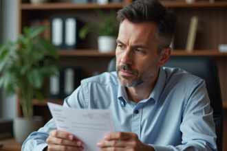Homme d'âge moyen vérifiant un chèque dans un bureau moderne
