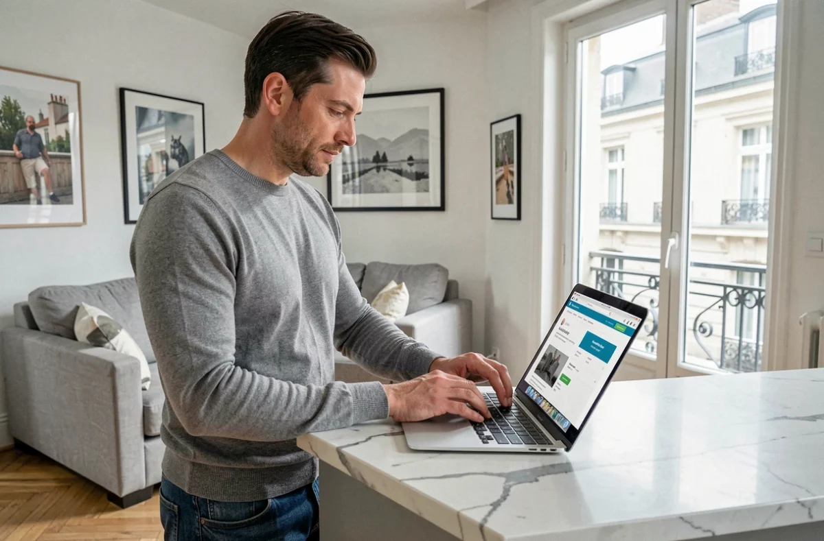 Homme souscrivant une assurance habitation en ligne depuis son appartement avec un ordinateur portable