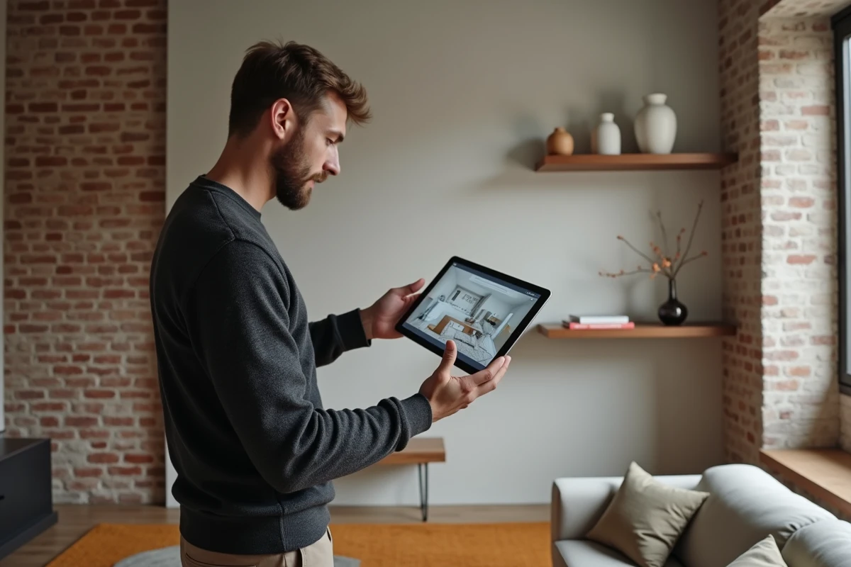 Homme comparant un plan de décoration sur tablette avec un mur de salon en cours d'aménagement