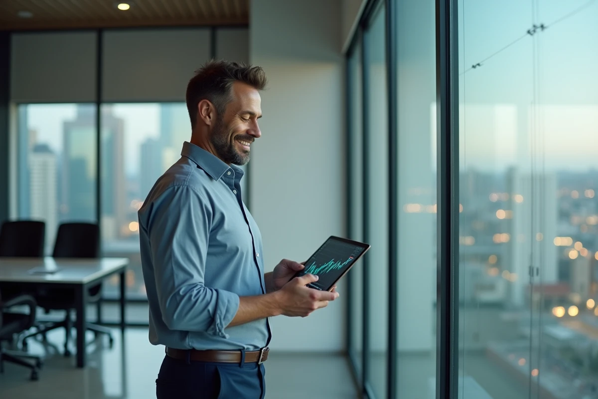 Homme d affaires analysant des graphiques de prix sur une tablette